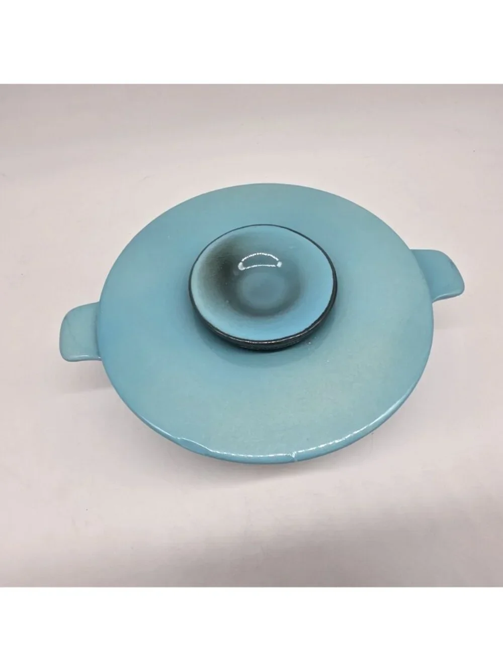 Hall USA Oven-Proof Divided Casserole Dish Lid Light Blue Ceramic VTG Serveware